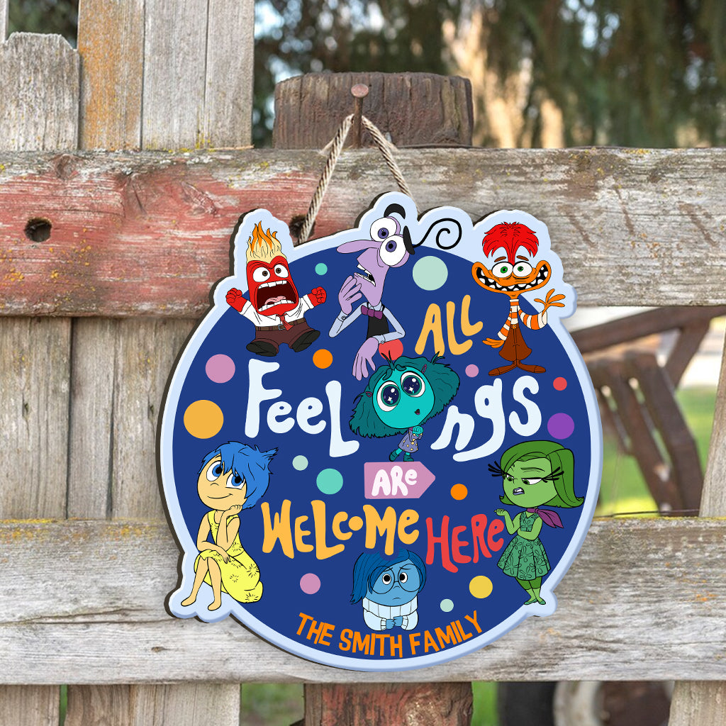 All Feelings Are Welcome Here - Personalized Custom Shaped Wood Sign