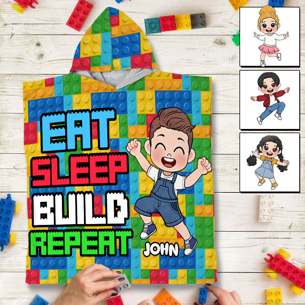 Eat Sleep Bath Build Repeat - Personalized Kid Hooded Towel Poncho