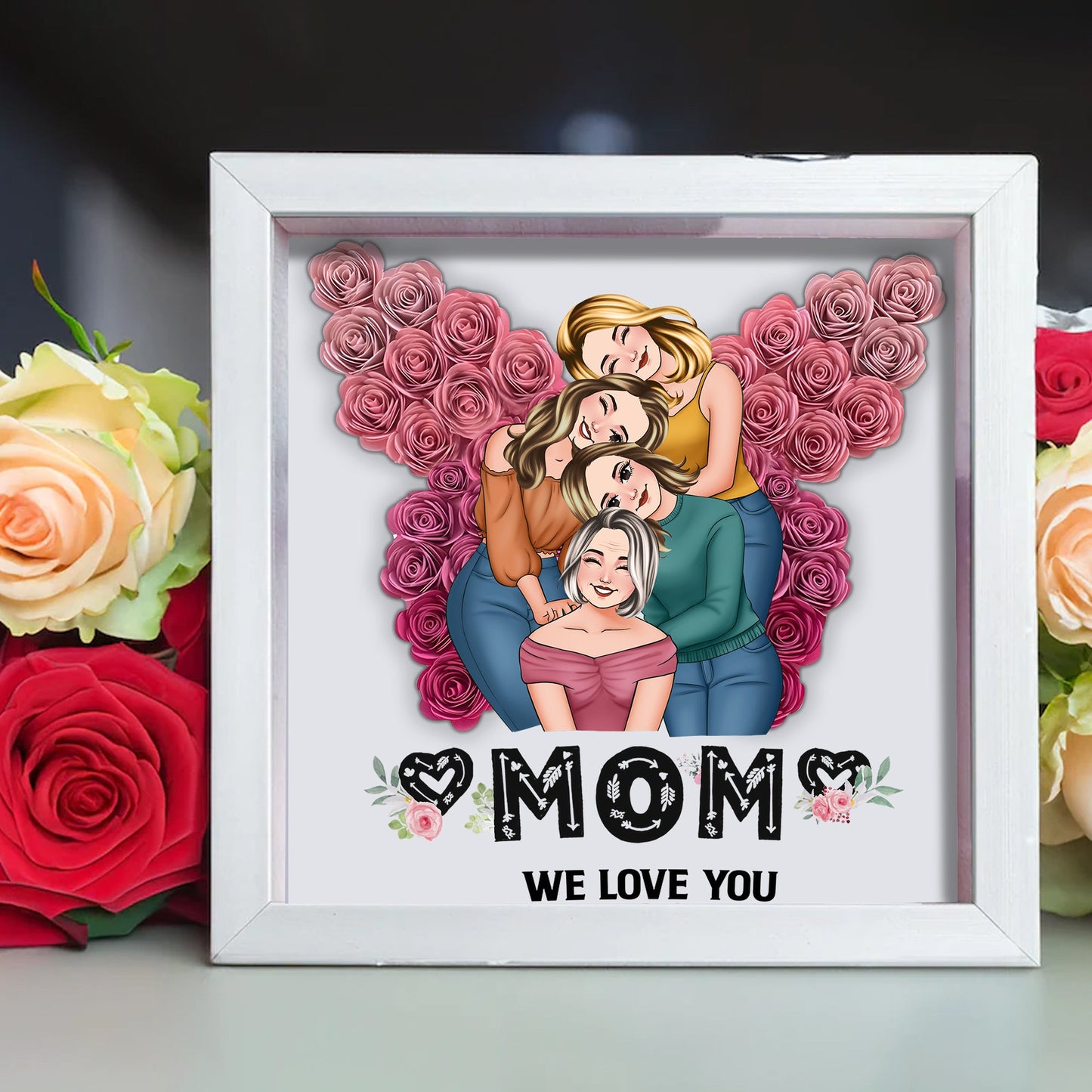 Mom We Love You Butterfly - Personalized Mother Custom Shaped Flower Shadow Box