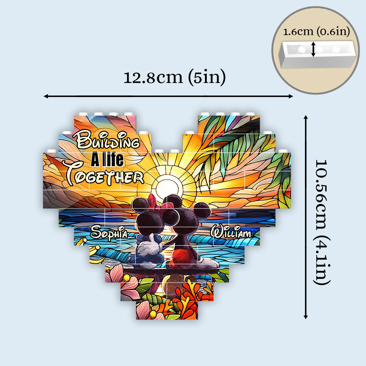 Sunset Colorful Couple - Personalized Mouse Heart Building Brick Blocks Printed On Both Sides