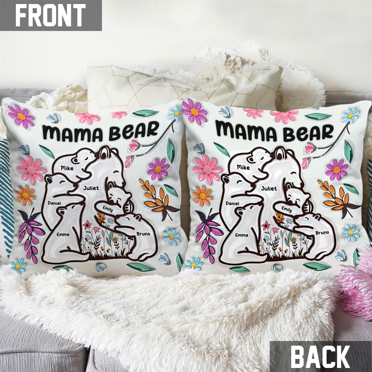 Mama Bear Huggings Her Cubs Floral Style - Personalized Mother Throw Pillow