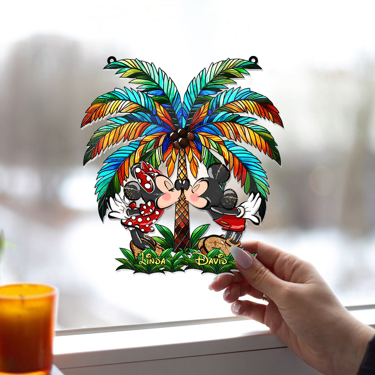 Romantic Couple Under The Palm Tree - Personalized Mouse Window Hanging Suncatcher Ornament