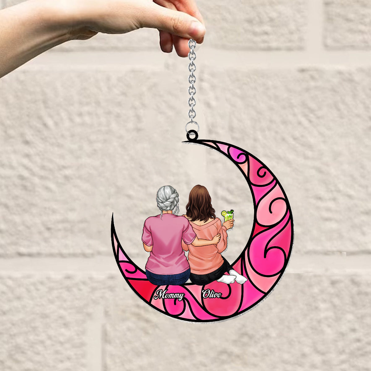 Mother And Children Sitting On The Moon - Personalized Mother Window Hanging Suncatcher Ornament