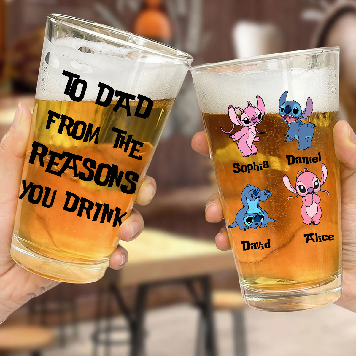 To Dad From The Reasons You Drink - Personalized Ohana Beer Glass