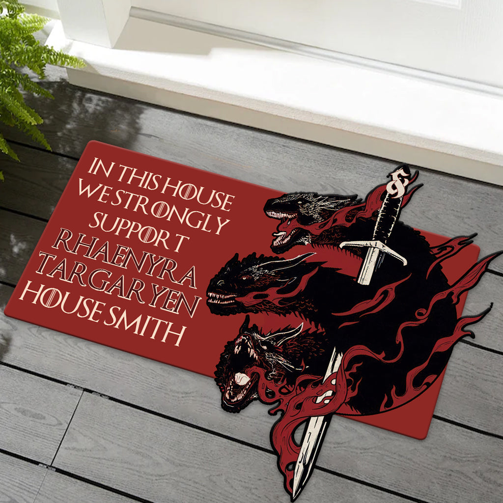 This House Support Team Black - Personalized Thrones Game Shaped Doormat