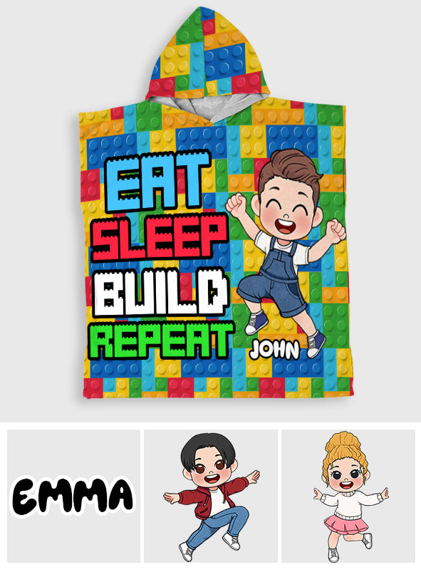 Eat Sleep Bath Build Repeat - Personalized Kid Hooded Towel Poncho