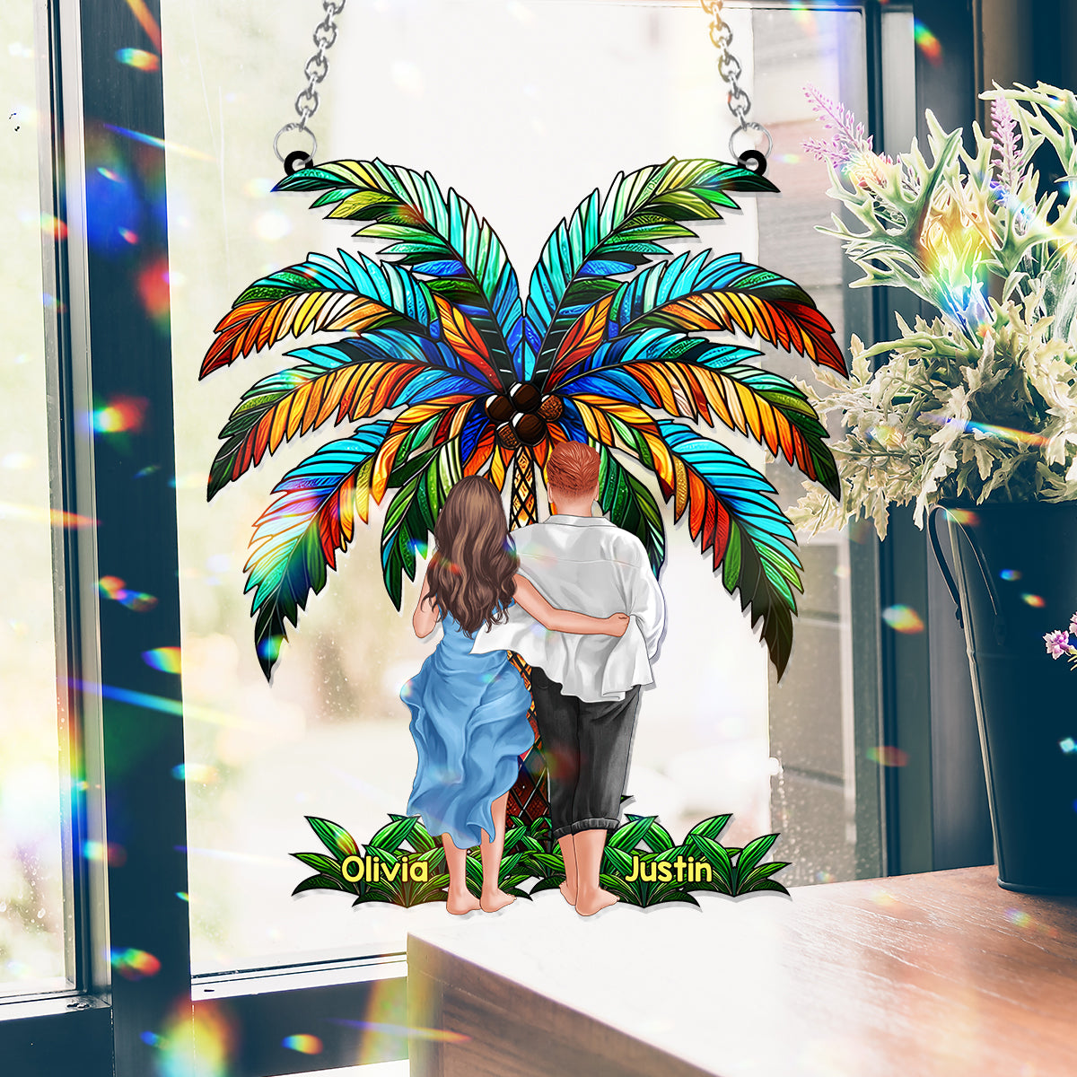 Romantic Couple Under The Palm Tree - Personalized Couple Window Hanging Suncatcher Ornament