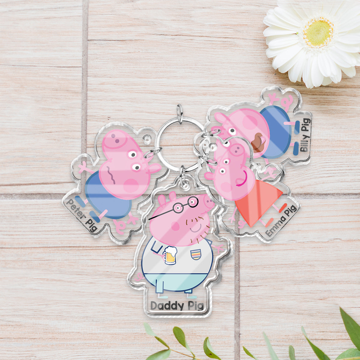 Daddy Pig - Personalized Pink Pig Keychain with Charms