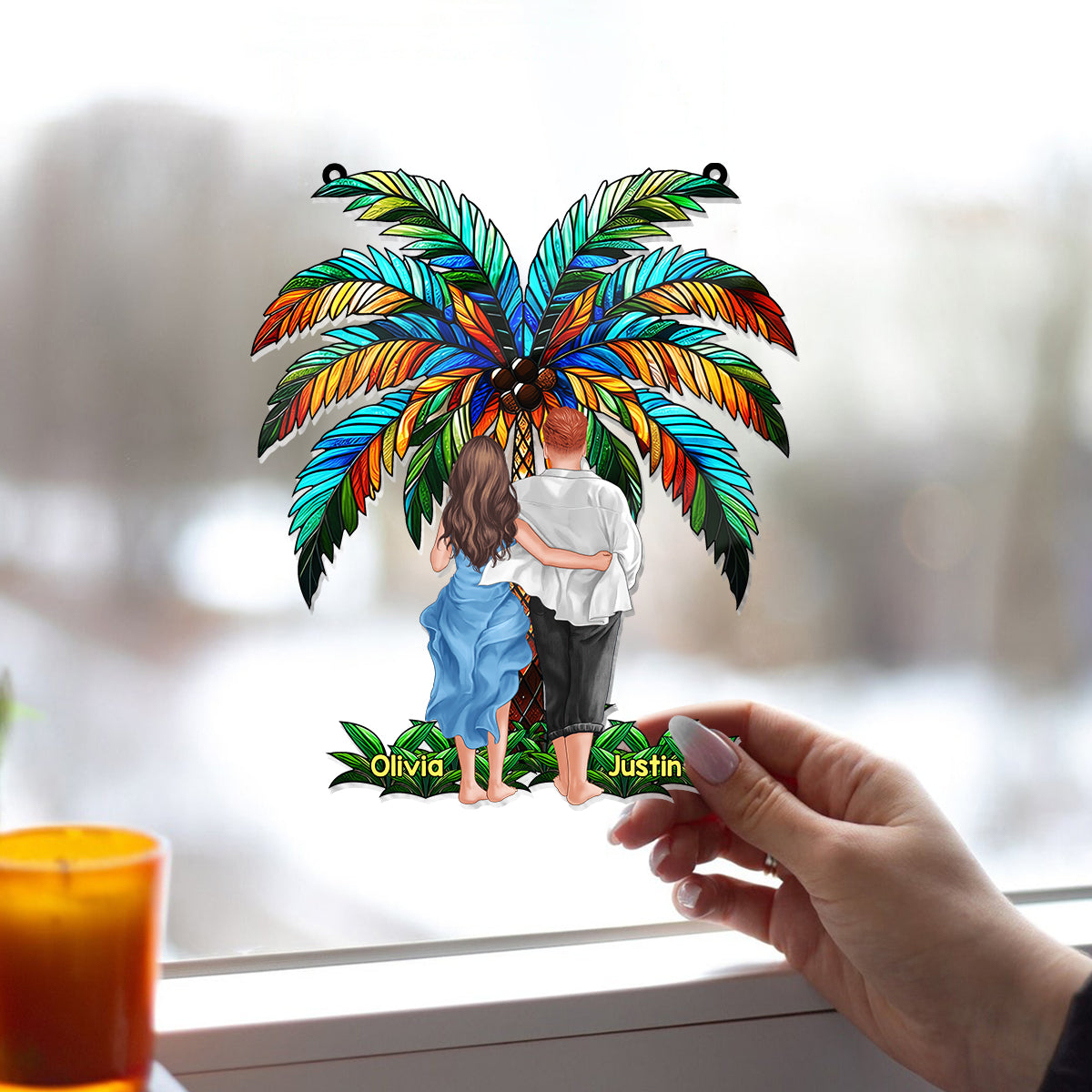 Romantic Couple Under The Palm Tree - Personalized Couple Window Hanging Suncatcher Ornament