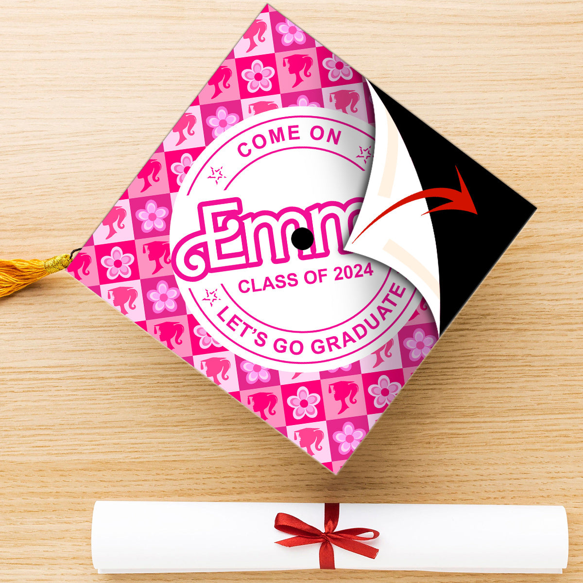Come One Senior Let's Go Graduate Pink Doll Themed - Personalized Graduation Cap Topper