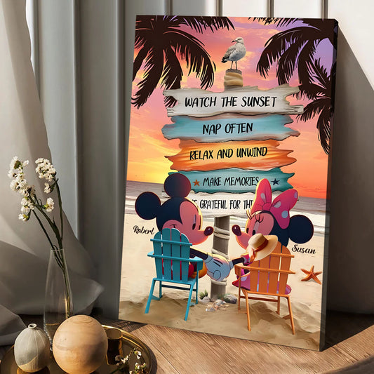 Mouse Ears Couple Vintage Tropical Palm Tree Beach Sunset - Personalized Mouse Canvas And Poster
