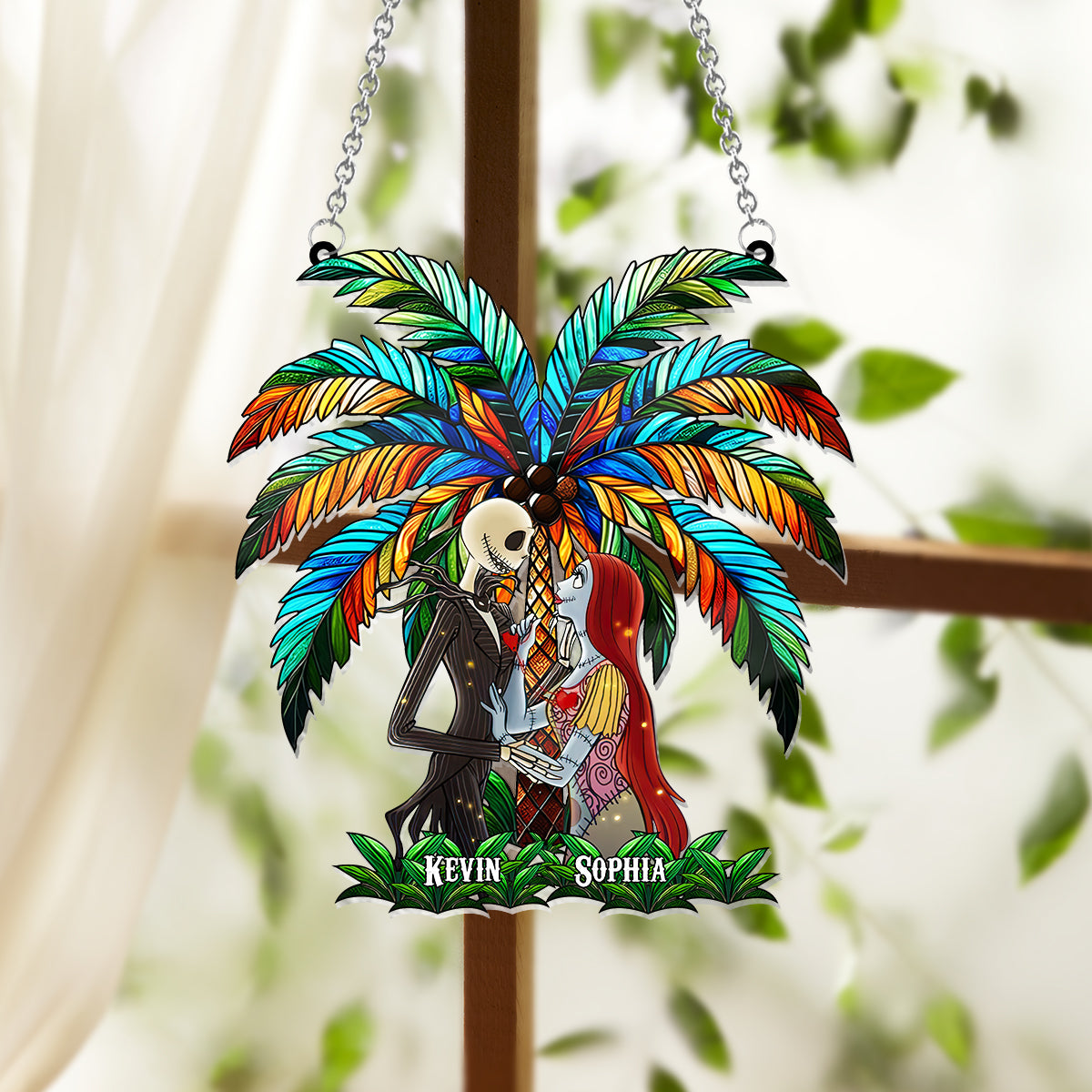 Romantic Couple Under The Palm Tree - Personalized Nightmare Window Hanging Suncatcher Ornament