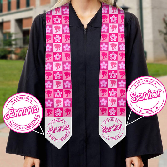 Come One Senior Let's Go Graduate Pink Doll Themed - Personalized Graduation Graduation Stole