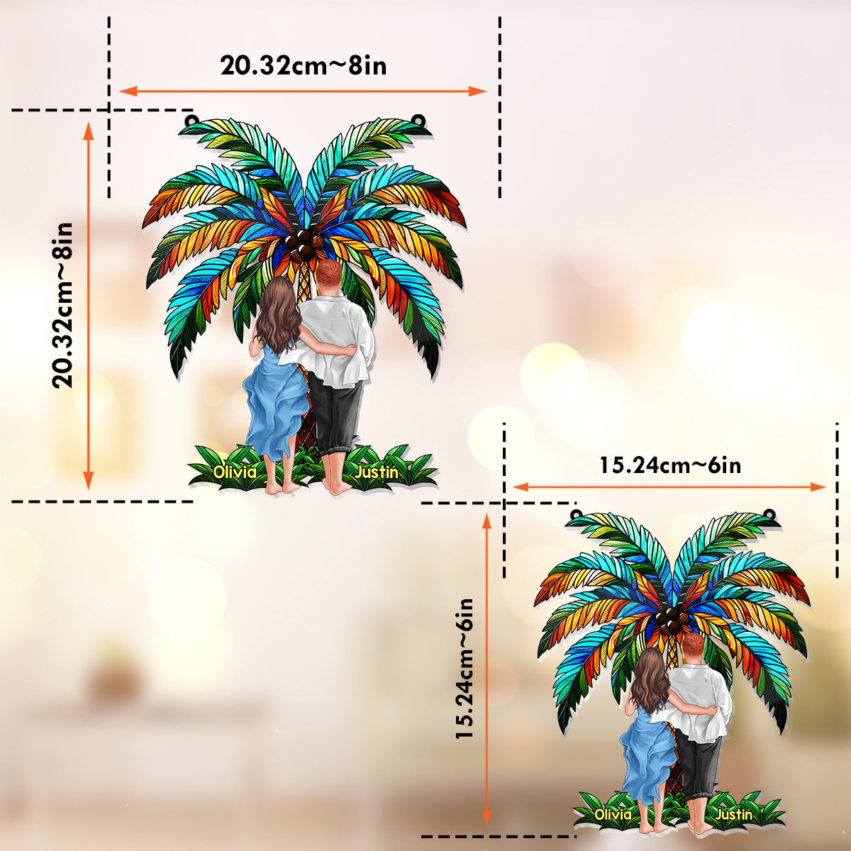 Romantic Couple Under The Palm Tree - Personalized Couple Window Hanging Suncatcher Ornament