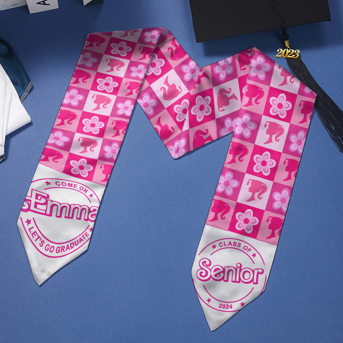 Come One Senior Let's Go Graduate Pink Doll Themed - Personalized Graduation Graduation Stole