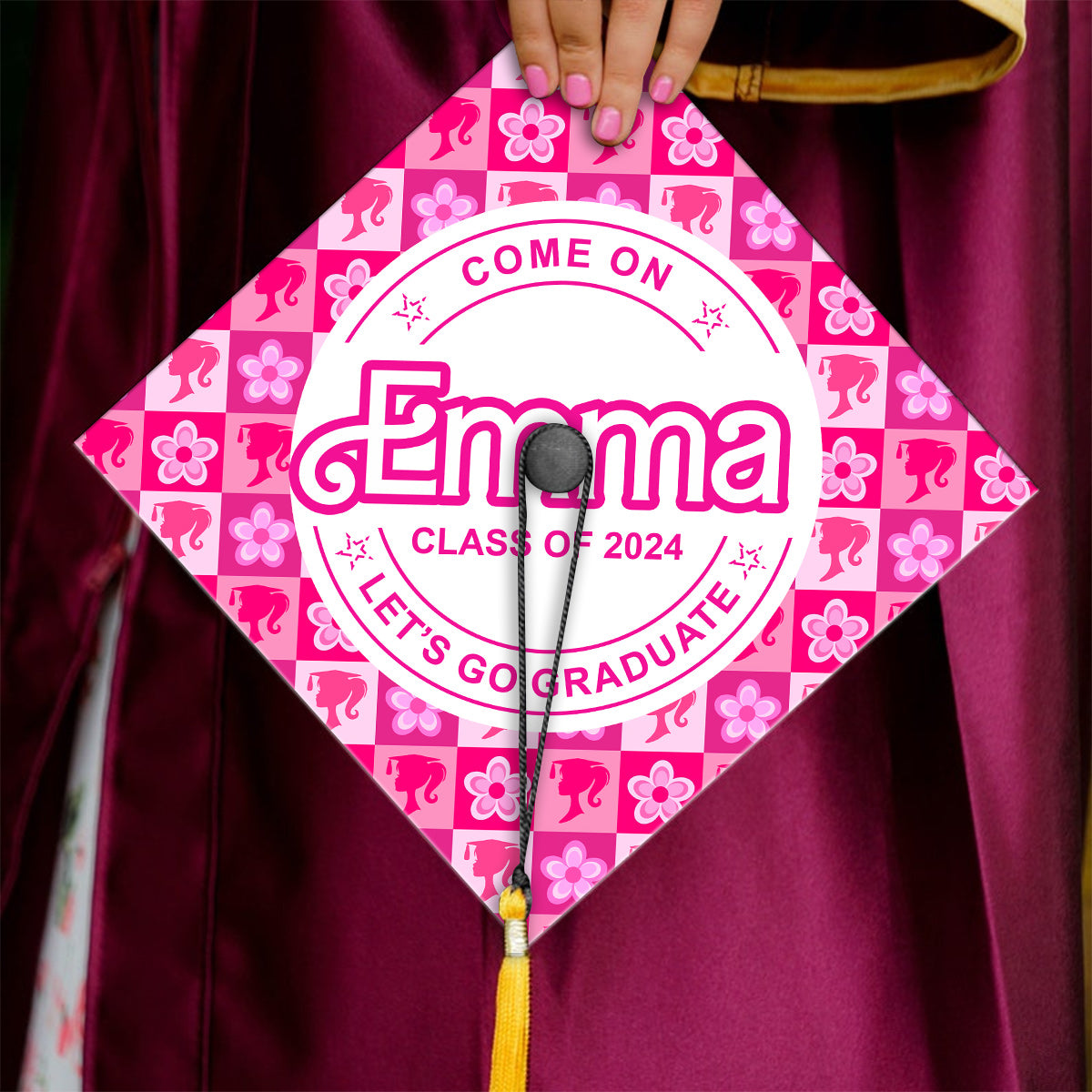 Come One Senior Let's Go Graduate Pink Doll Themed - Personalized Graduation Cap Topper
