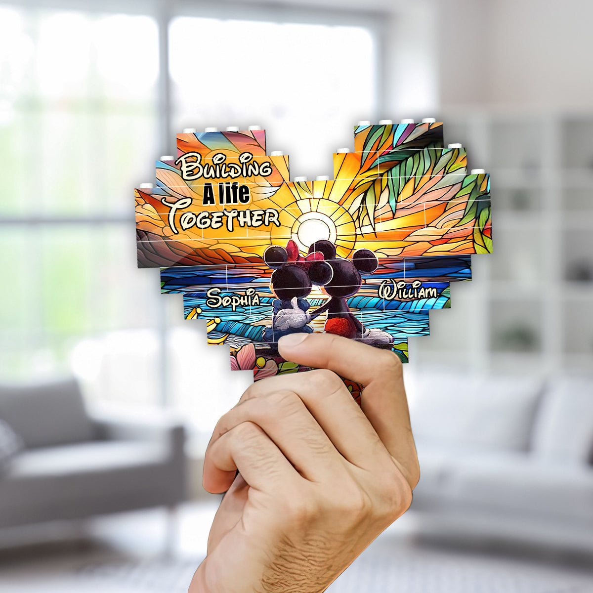 Sunset Colorful Couple - Personalized Mouse Heart Building Brick Blocks Printed On Both Sides