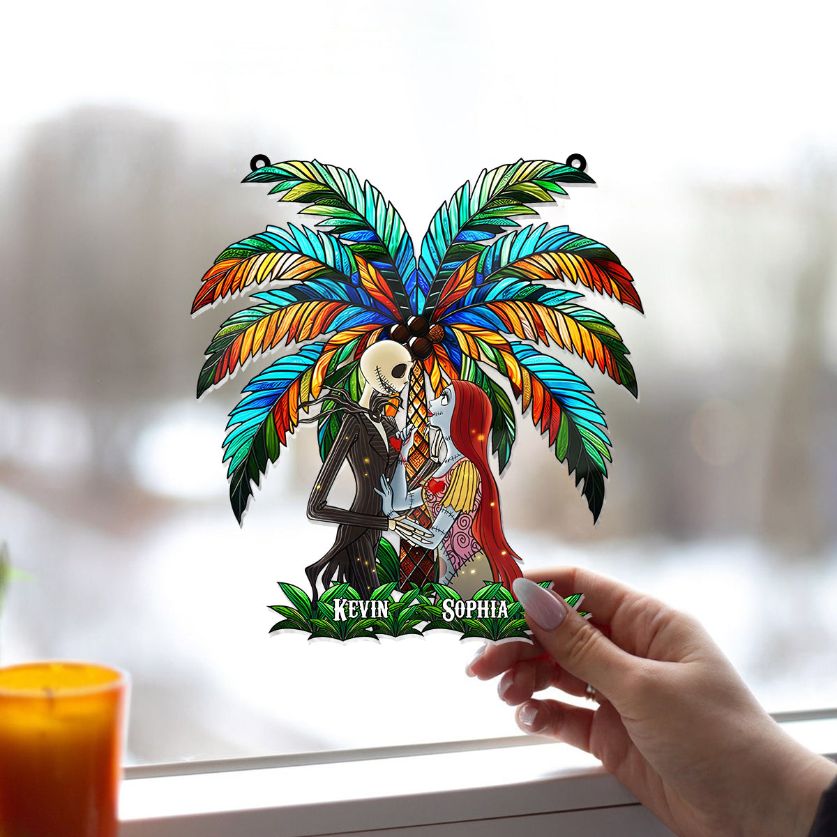 Romantic Couple Under The Palm Tree - Personalized Nightmare Window Hanging Suncatcher Ornament