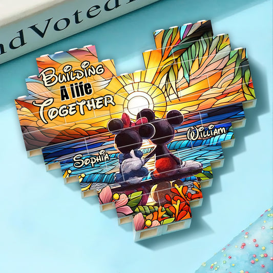 Sunset Colorful Couple - Personalized Mouse Heart Building Brick Blocks Printed On Both Sides