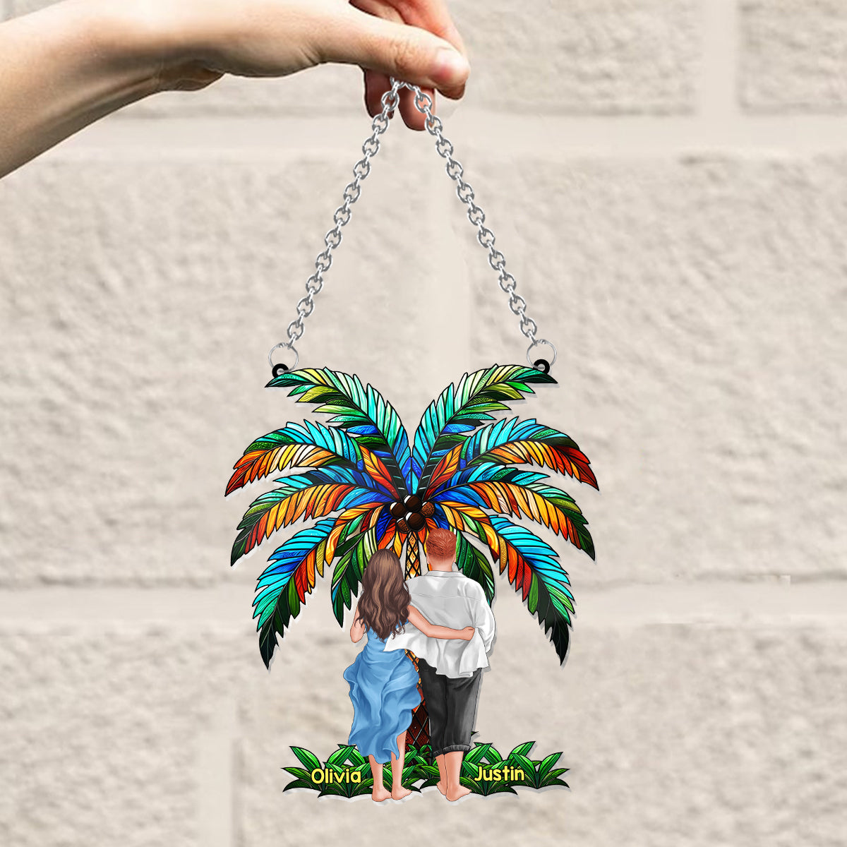 Romantic Couple Under The Palm Tree - Personalized Couple Window Hanging Suncatcher Ornament