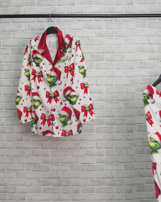 Coquette Grinchmas - Personalized Stole Christmas Button Down Pajamas