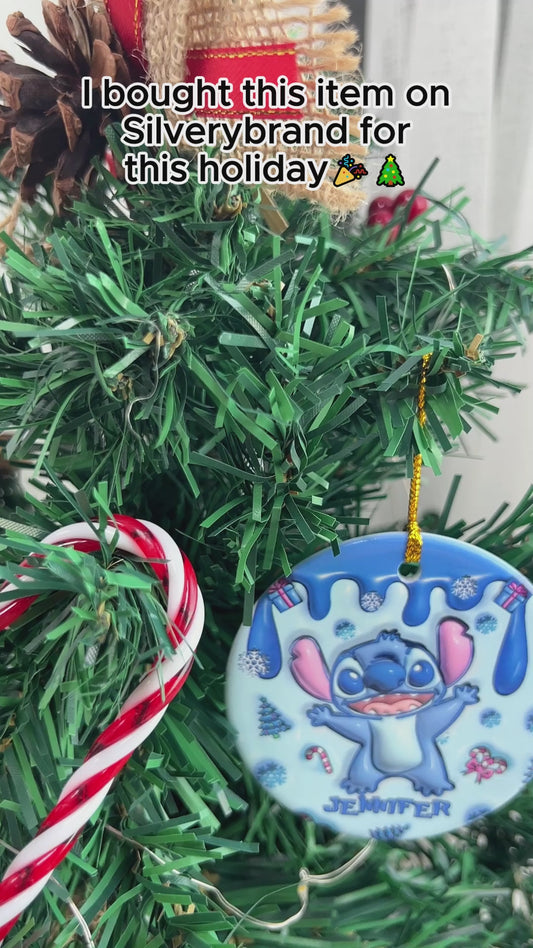 Blue Ohana Merry Christmas - Personalized Ohana Ceramic Circle Ornament