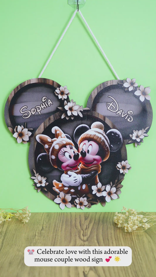 Cute Mouse Couple - Personalized Mouse Custom Shaped Wood Sign