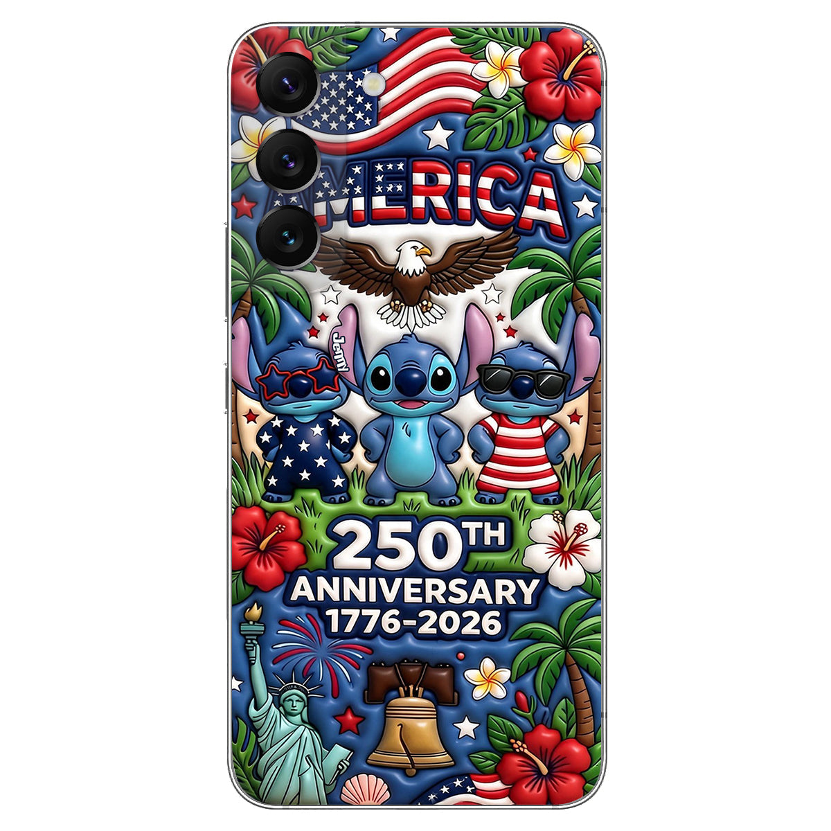 Cute Blue Alien USA 250th Anniversary - Personalized Ohana 3D Embossed Leather Phone Case