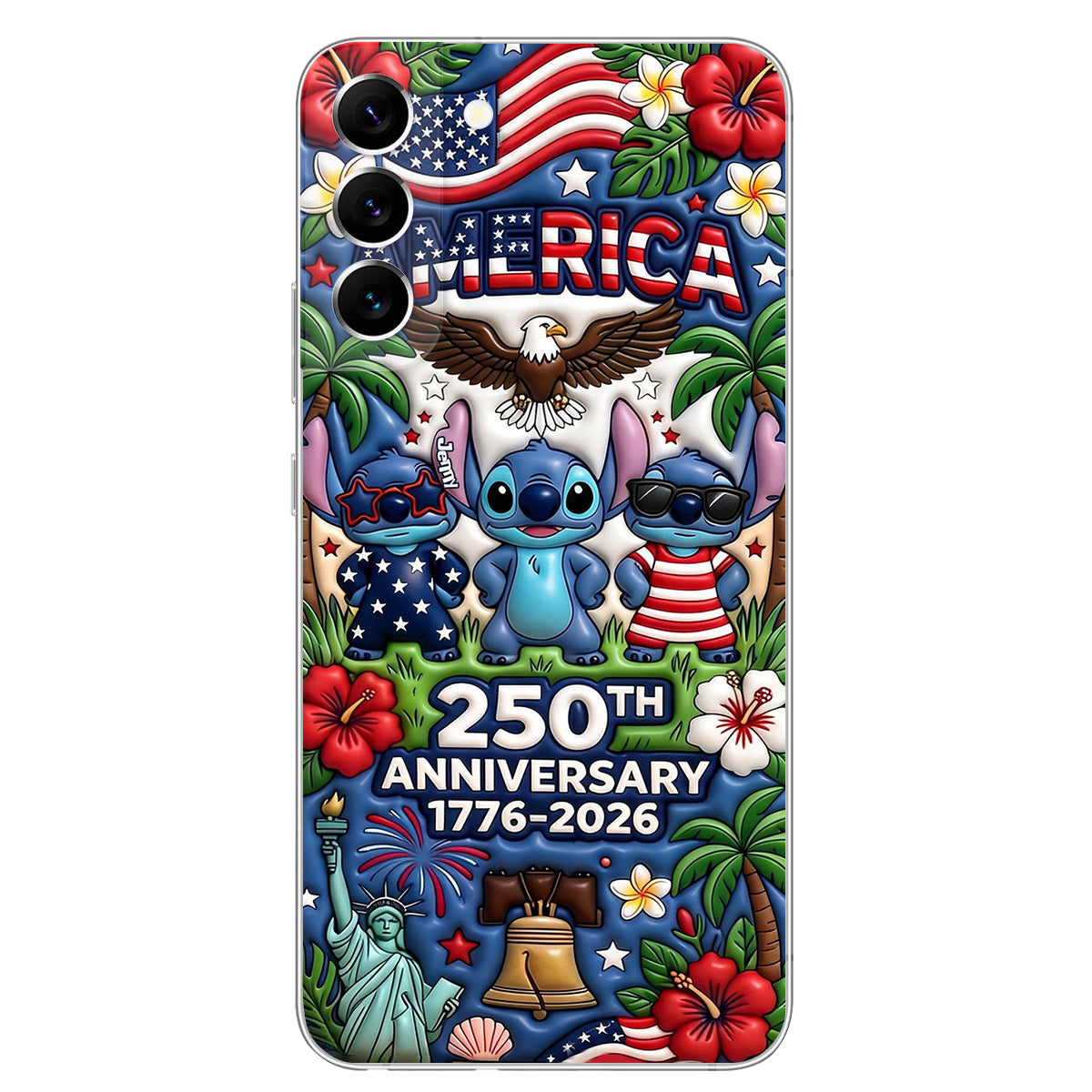 Cute Blue Alien USA 250th Anniversary - Personalized Ohana 3D Embossed Leather Phone Case