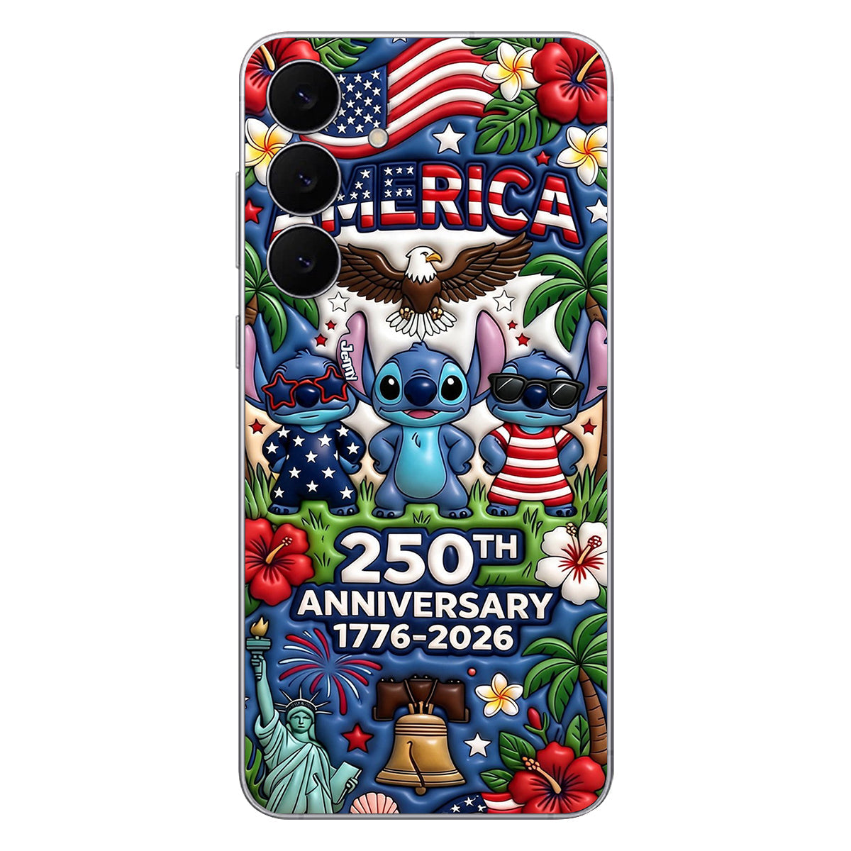 Cute Blue Alien USA 250th Anniversary - Personalized Ohana 3D Embossed Leather Phone Case