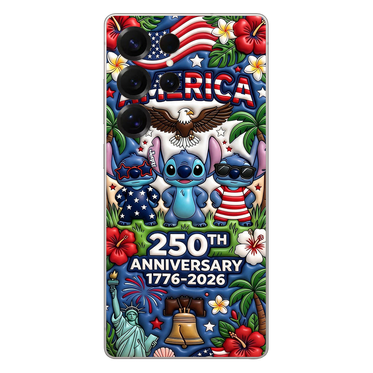 Cute Blue Alien USA 250th Anniversary - Personalized Ohana 3D Embossed Leather Phone Case
