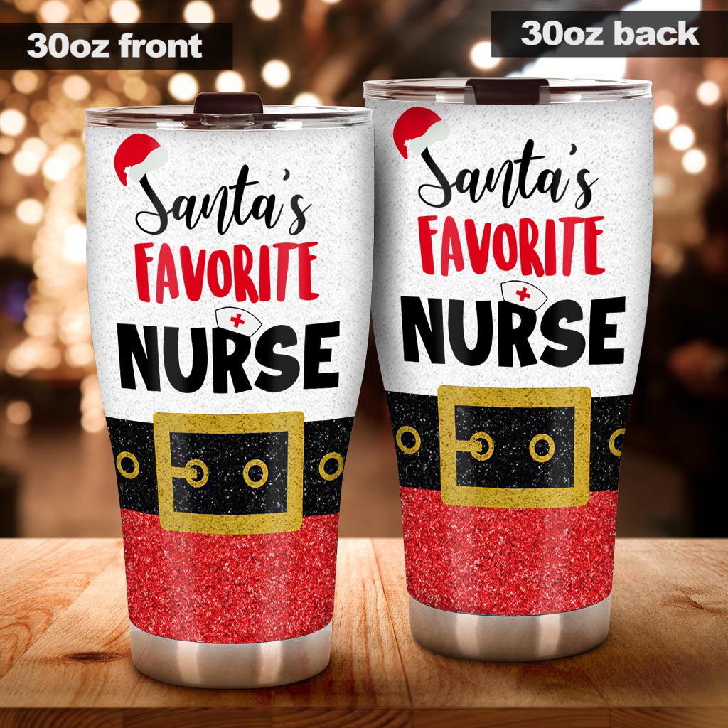 Santa's Favorite Nurse Faux Glitter Print Nurse Tumbler 0622