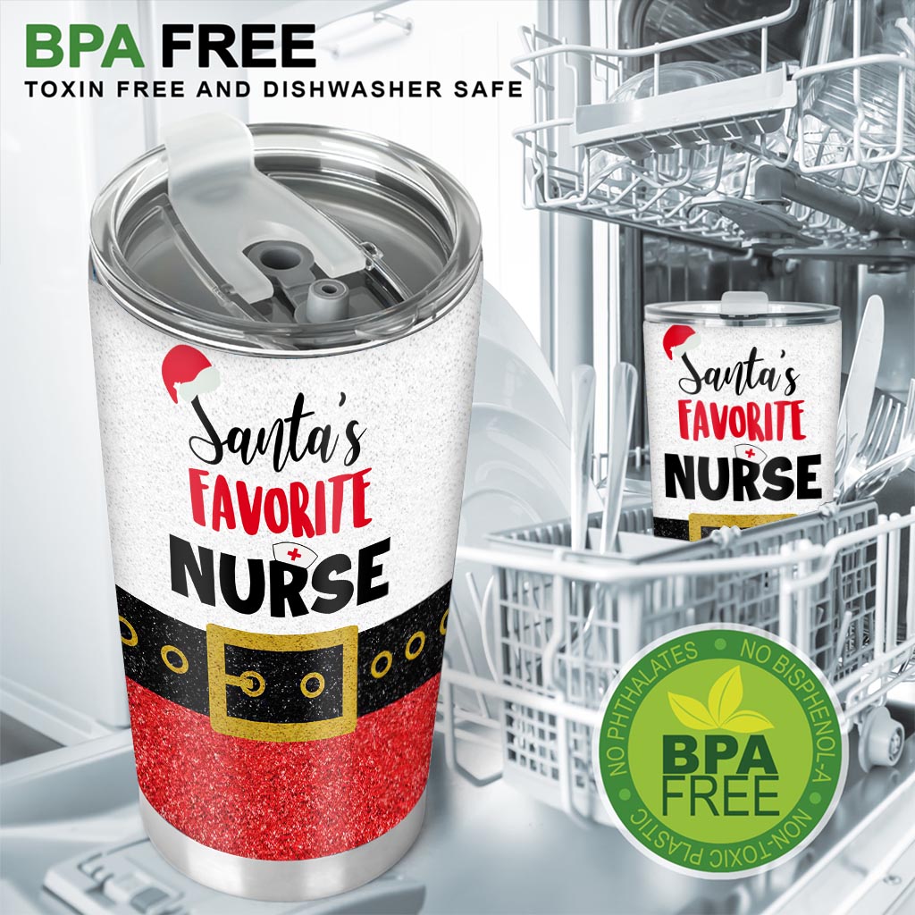 Santa's Favorite Nurse Faux Glitter Print Nurse Tumbler 0622