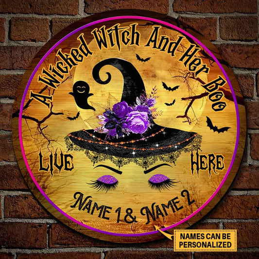 A Wicked Witch And Her Boo Live Here Personalized Round Wood Sign