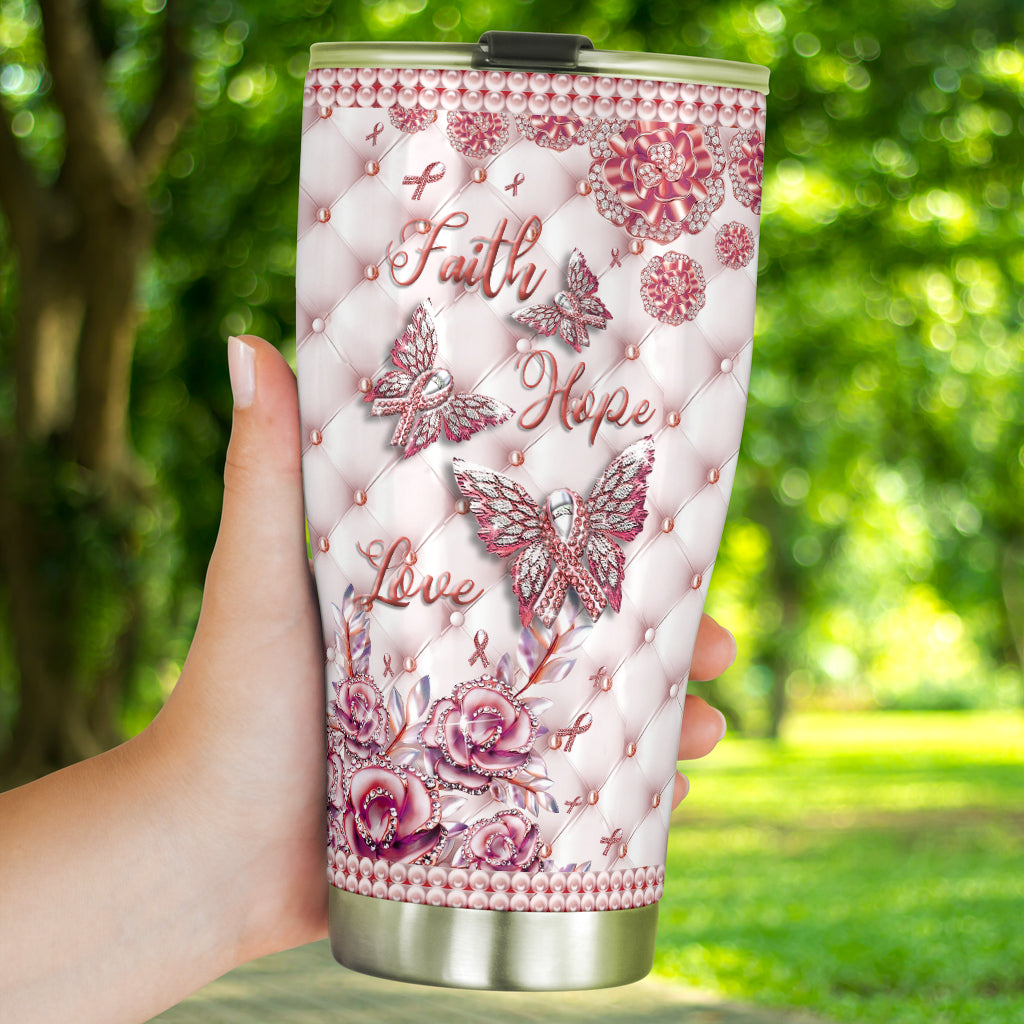 Faith Hope Love - Breast Cancer Awareness Tumbler With Rhinestone Pattern Print 0622