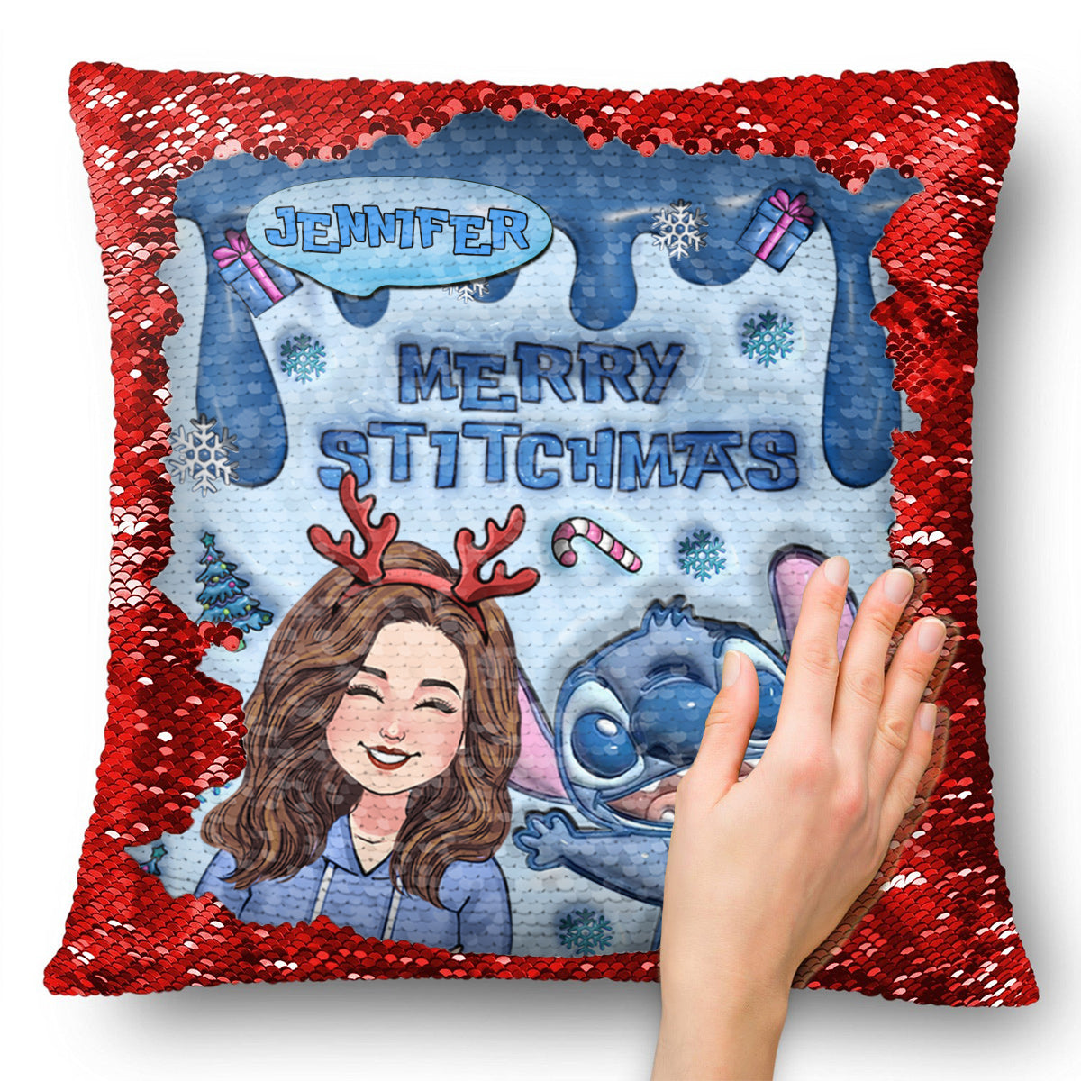 Merrry Christmas Ohana - Personalized Ohana Sequin Pillow Cover