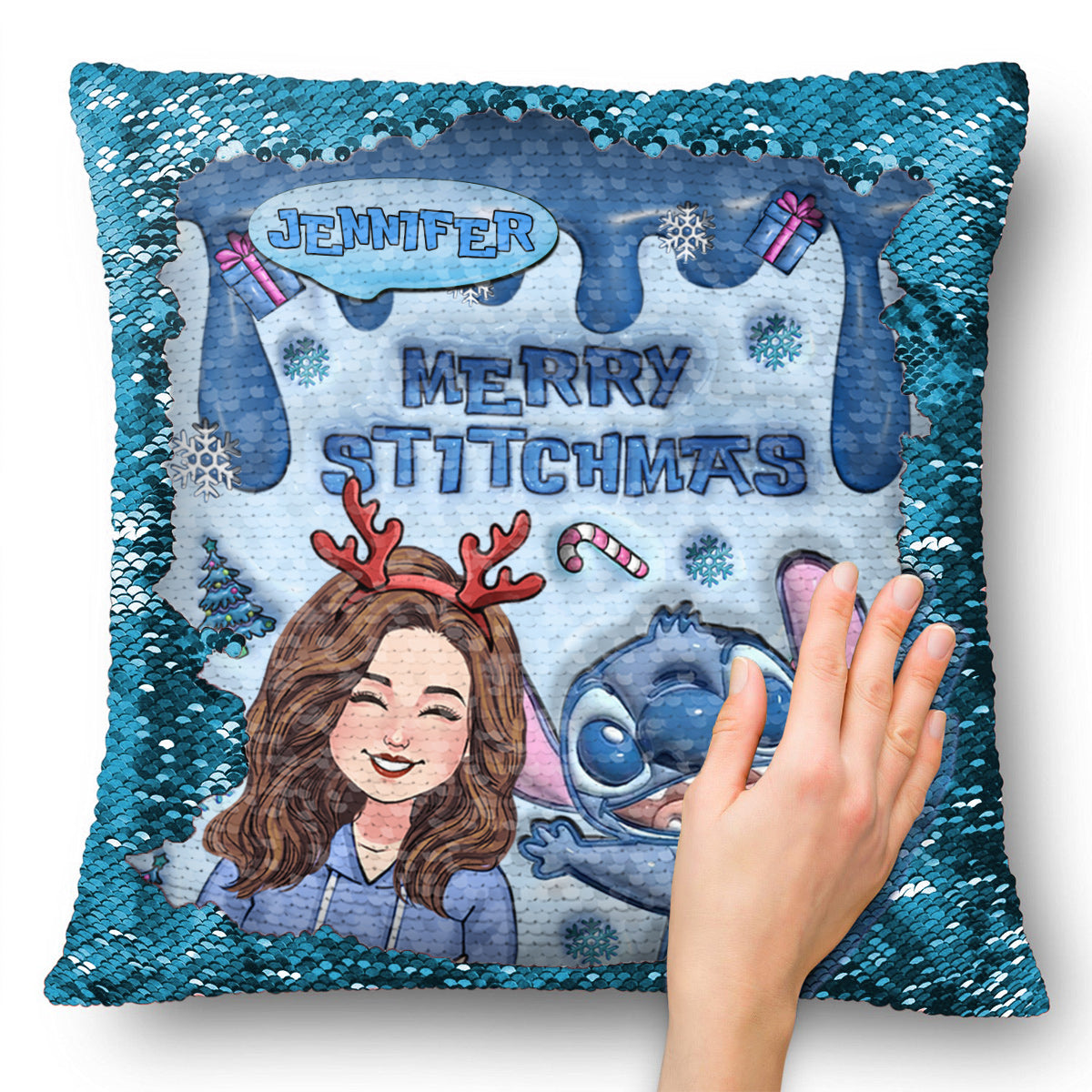 Merrry Christmas Ohana - Personalized Ohana Sequin Pillow Cover