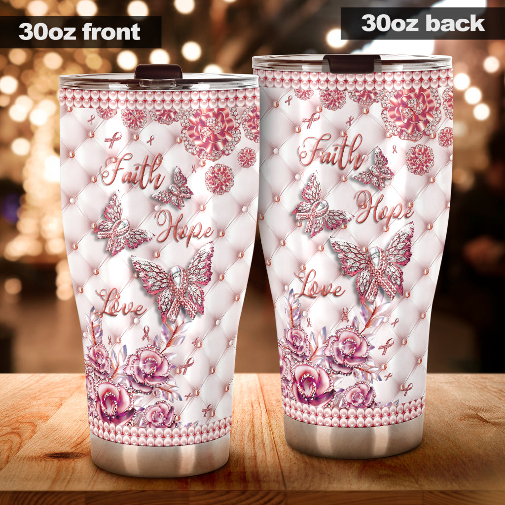Faith Hope Love - Breast Cancer Awareness Tumbler With Rhinestone Pattern Print 0622