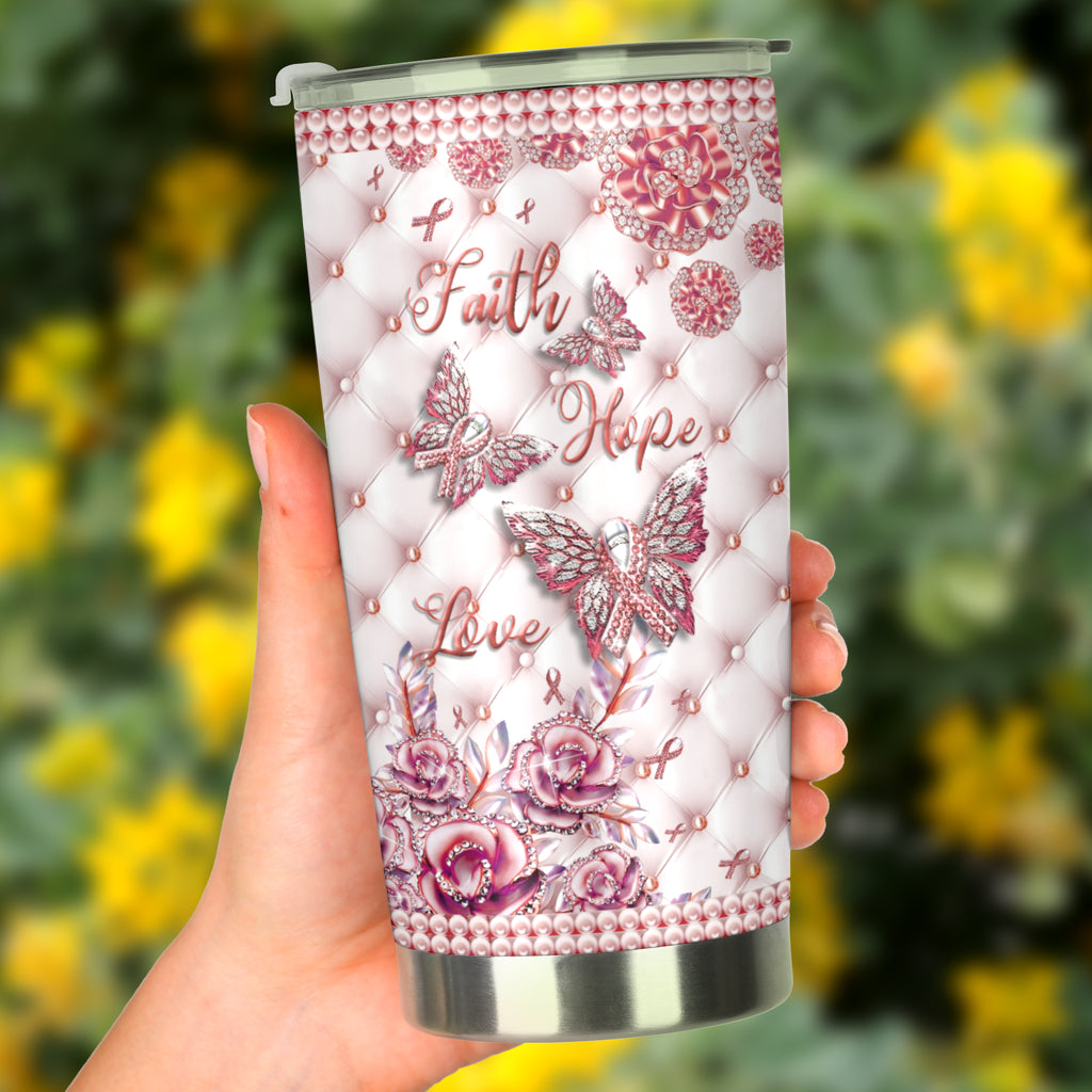 Faith Hope Love - Breast Cancer Awareness Tumbler With Rhinestone Pattern Print 0622