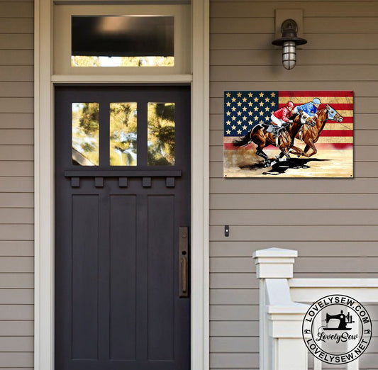 Horse Racing American Flag Horse Rectangle Metal Sign 0523