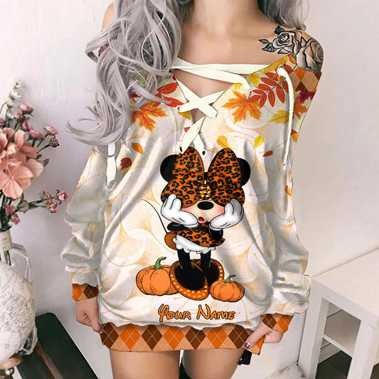 Hello Pumpkin - Personalized Mouse Off Shoulder Long Sleeve Dress