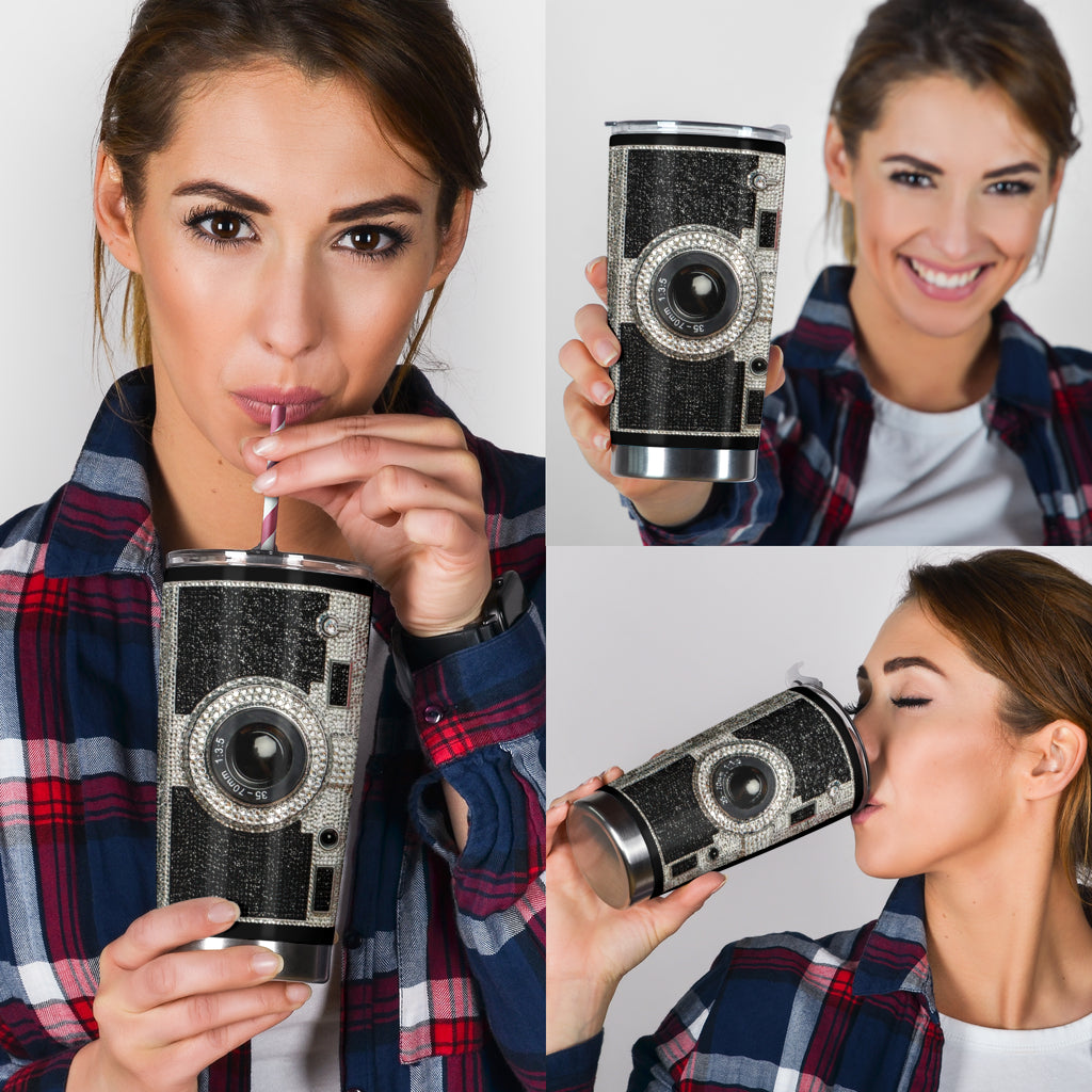 Bling Camera Rhinestone Pattern Print Photography Tumbler 0622
