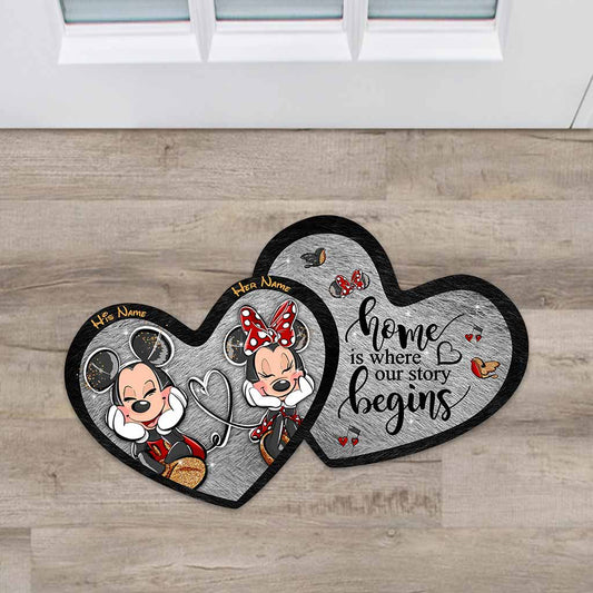 Home Is Where Our Story Begins - Personalized Couple Mouse Shaped Doormat