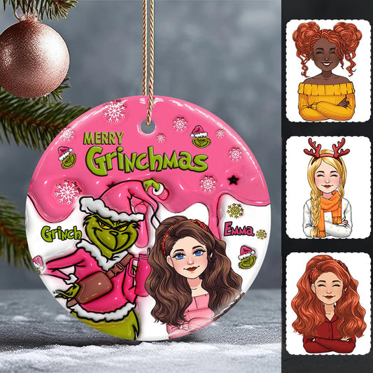 Merry Grinchmas - Personalized Stole Christmas Ceramic Circle Ornament