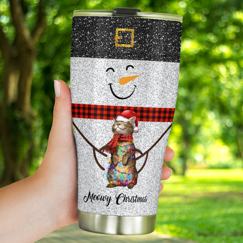 Meowy Christmas Faux Glitter Print Cat Tumbler 0622