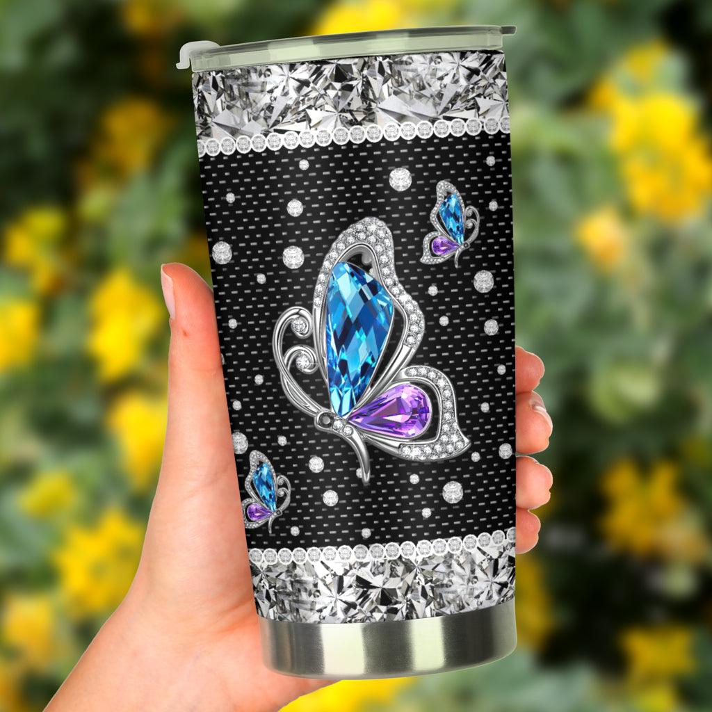 Butterflies Tumbler With Rhinestone Pattern Print 0622