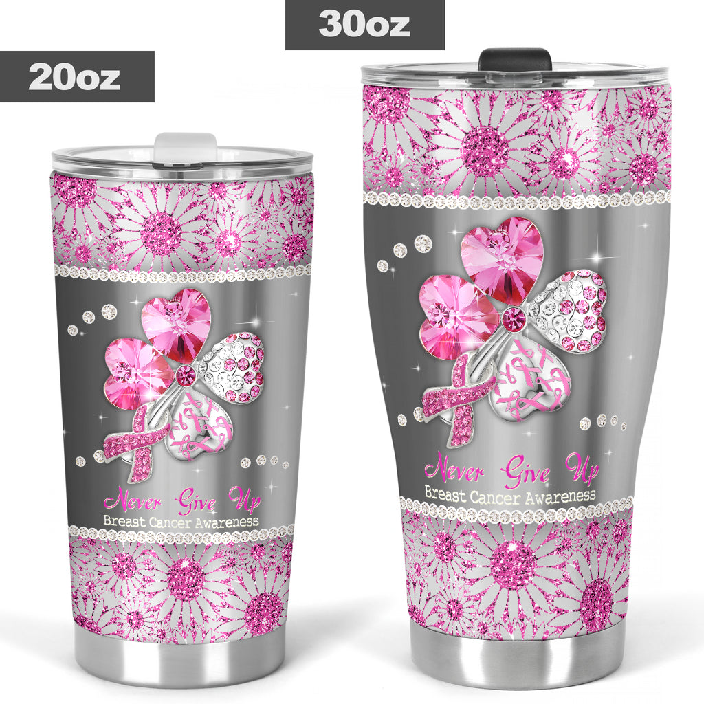 Never Give Up Rhinestone Pattern Print Breast Cancer Awareness Tumbler 0622