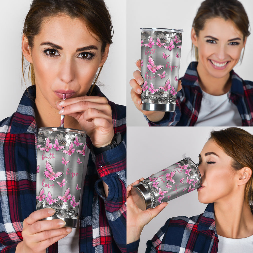 Faith Hope Love Metal Pattern Print Breast Cancer Awareness Tumbler 0622