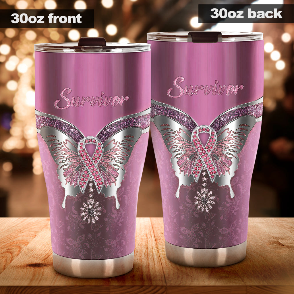 Survivor - Breast Cancer Awareness Tumbler With Metal Pattern Print 0622