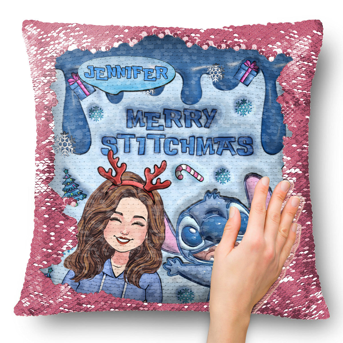 Merrry Christmas Ohana - Personalized Ohana Sequin Pillow Cover